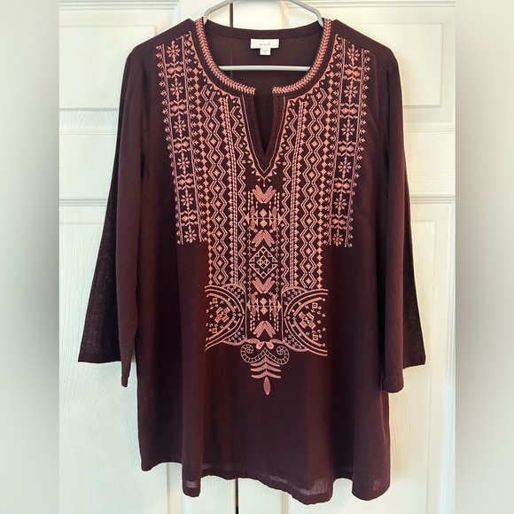 NWOT J.Jill Purejill Women’s Red Flower Embroidered Boho Tunic Blouse Shirt Sz M - Picture 1 of 12